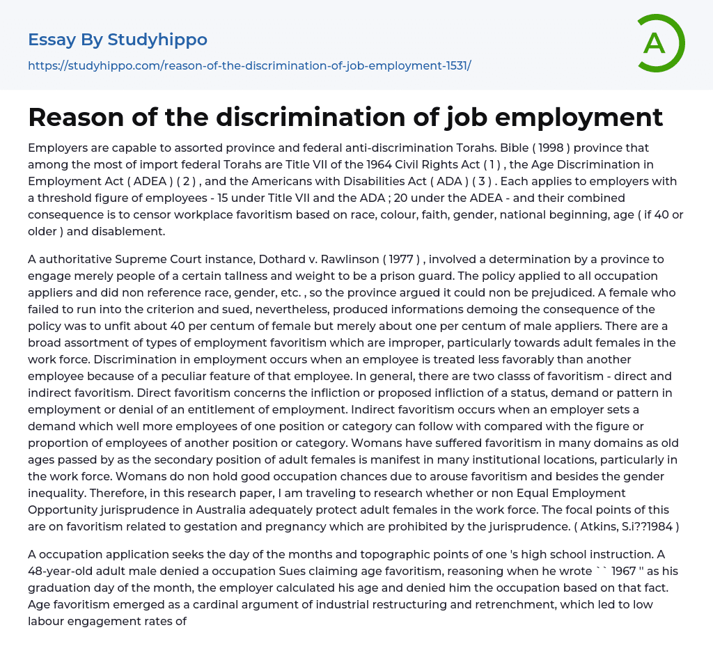 Reason of the discrimination of job employment Essay Example