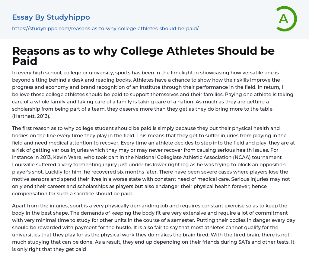 Reasons as to why College Athletes Should be Paid Essay Example