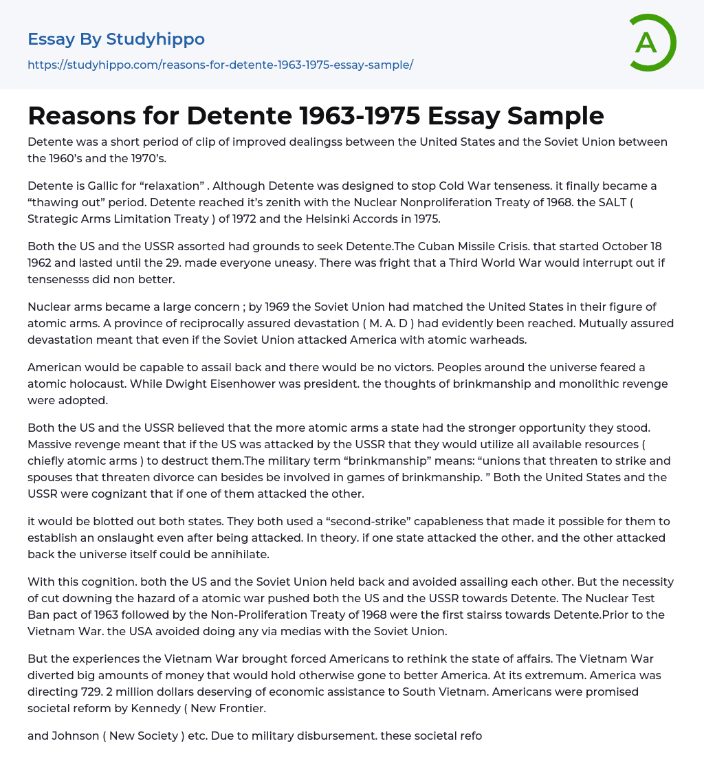 Reasons for Detente 1963-1975 Essay Sample