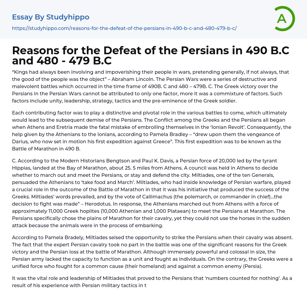 Reasons for the Defeat of the Persians in 490 B.C and 480 – 479 B.C Essay Example