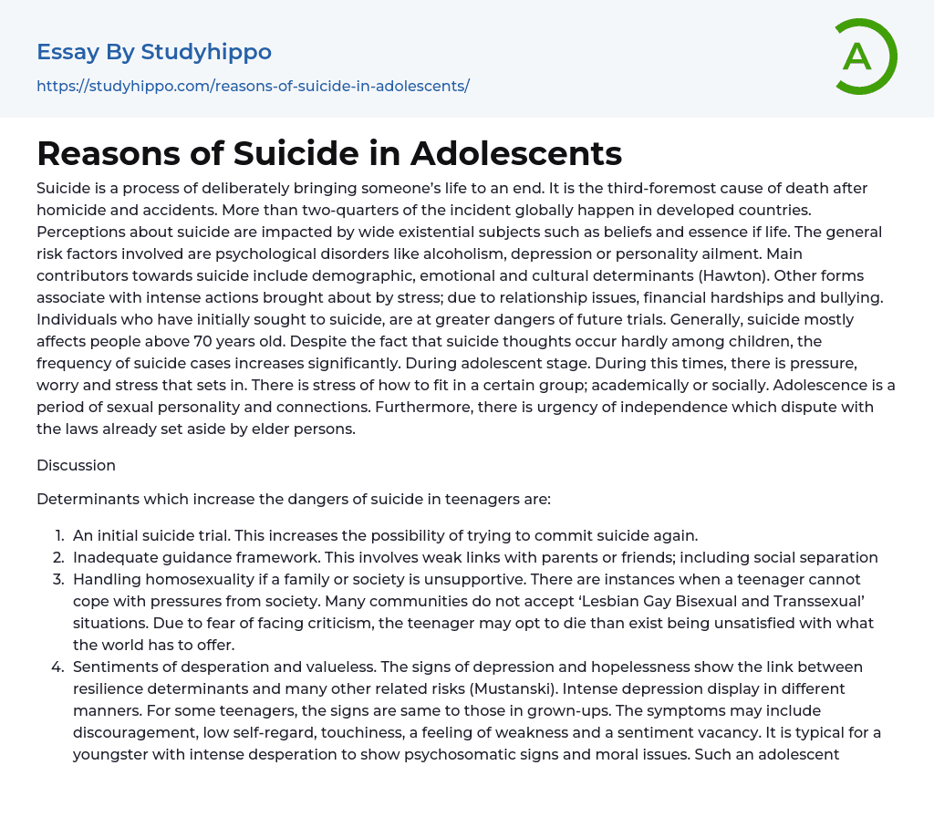 Reasons of Suicide in Adolescents Essay Example