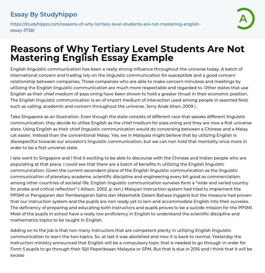 Reasons of Why Tertiary Level Students Are Not Mastering English Essay Example