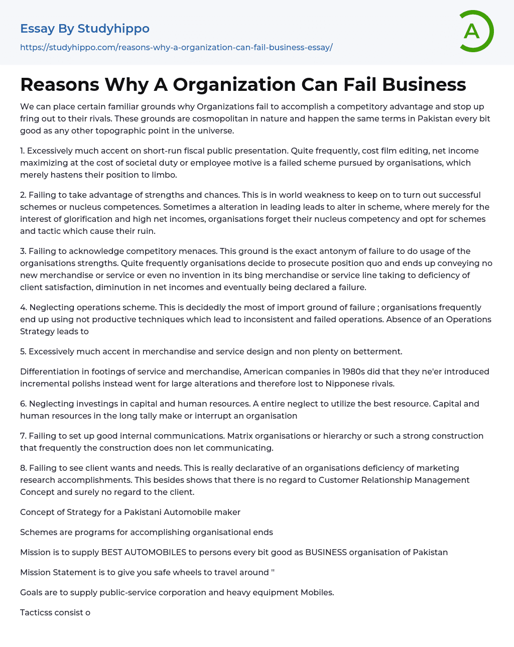 Reasons Why A Organization Can Fail Business Essay Example