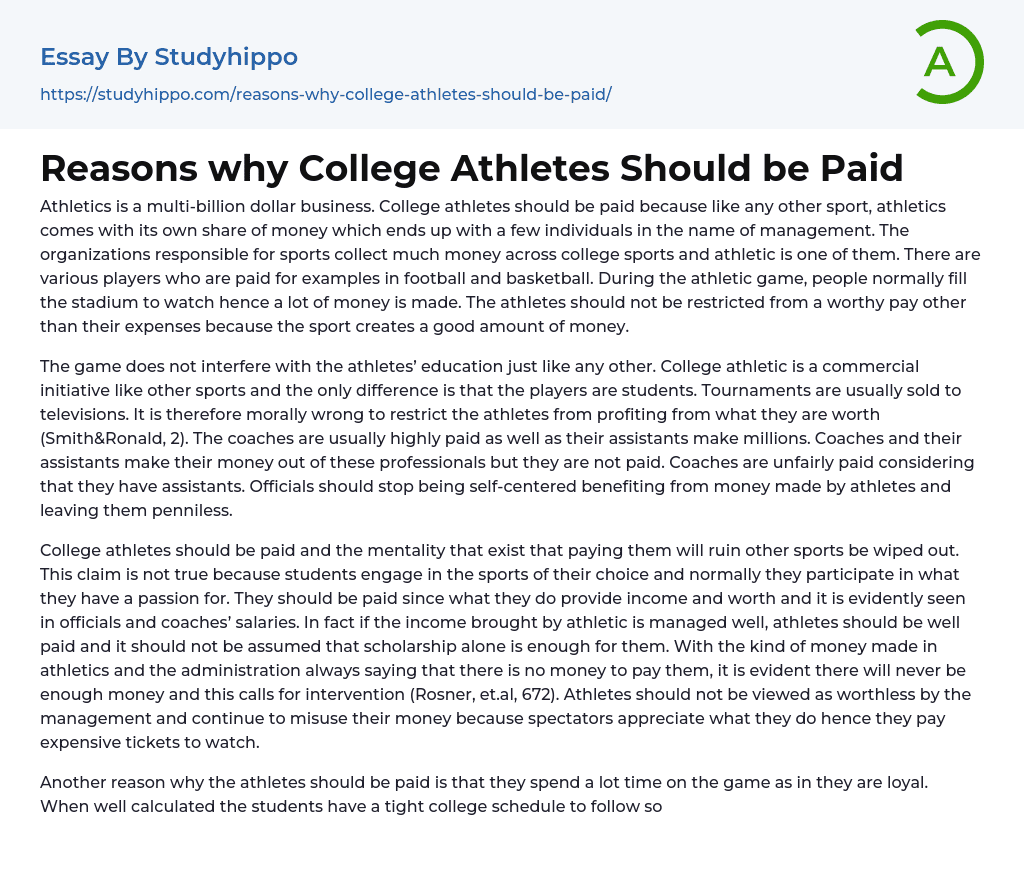 Reasons why College Athletes Should be Paid Essay Example