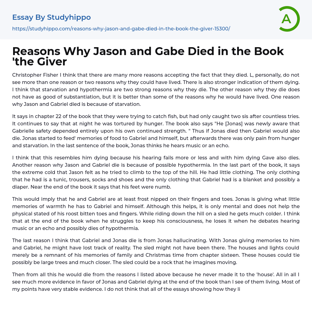 Reasons Why Jason and Gabe Died in the Book ‘the Giver Essay Example