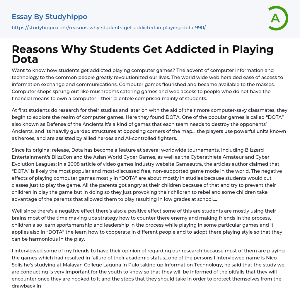 Reasons Why Students Get Addicted in Playing Dota Essay Example