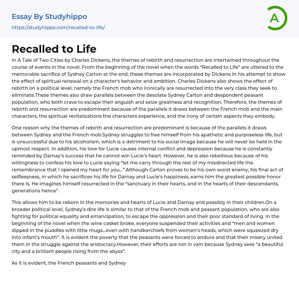 Recalled to Life Essay Example