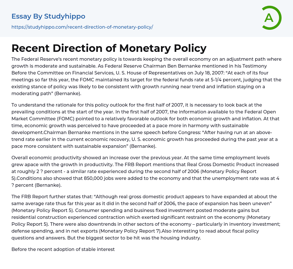 Recent Direction of Monetary Policy Essay Example