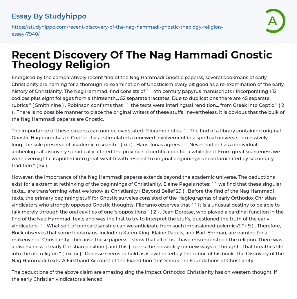 Recent Discovery Of The Nag Hammadi Gnostic Theology Religion Essay Example