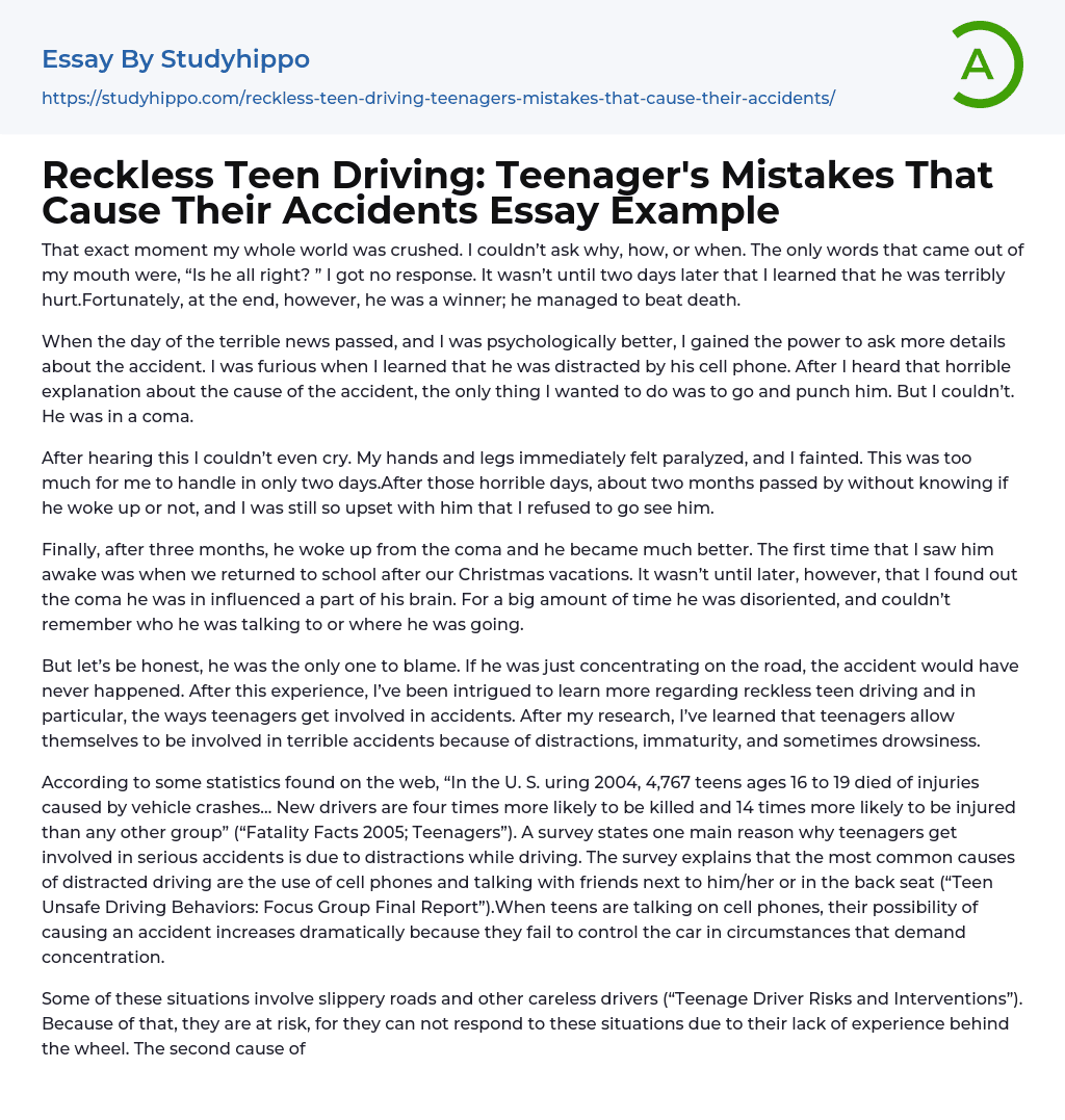 Reckless Teen Driving: Teenager’s Mistakes That Cause Their Accidents Essay Example