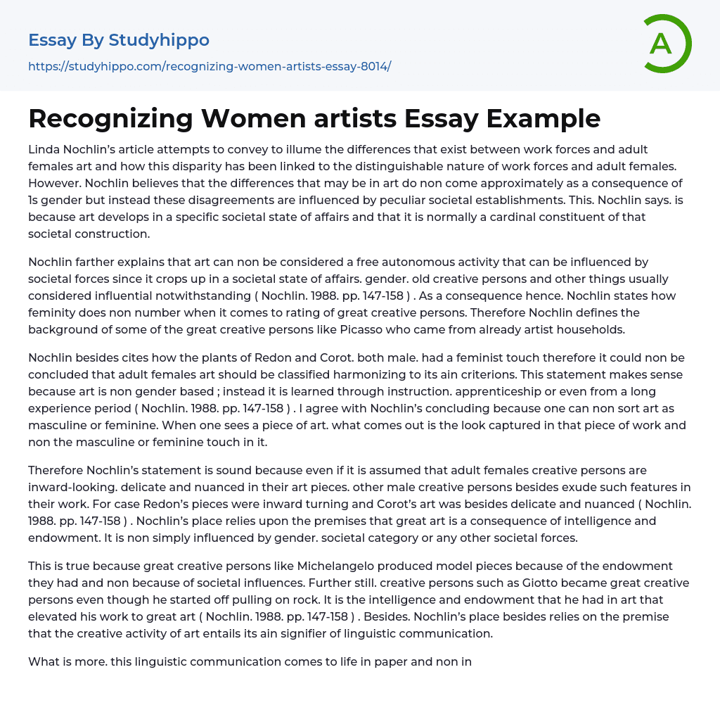 Recognizing Women artists Essay Example
