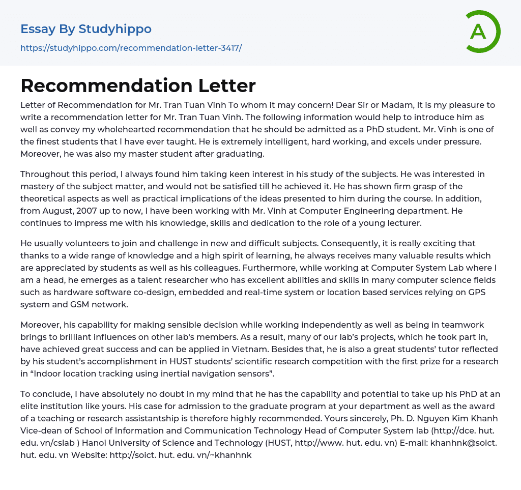 Recommendation Letter Essay Example