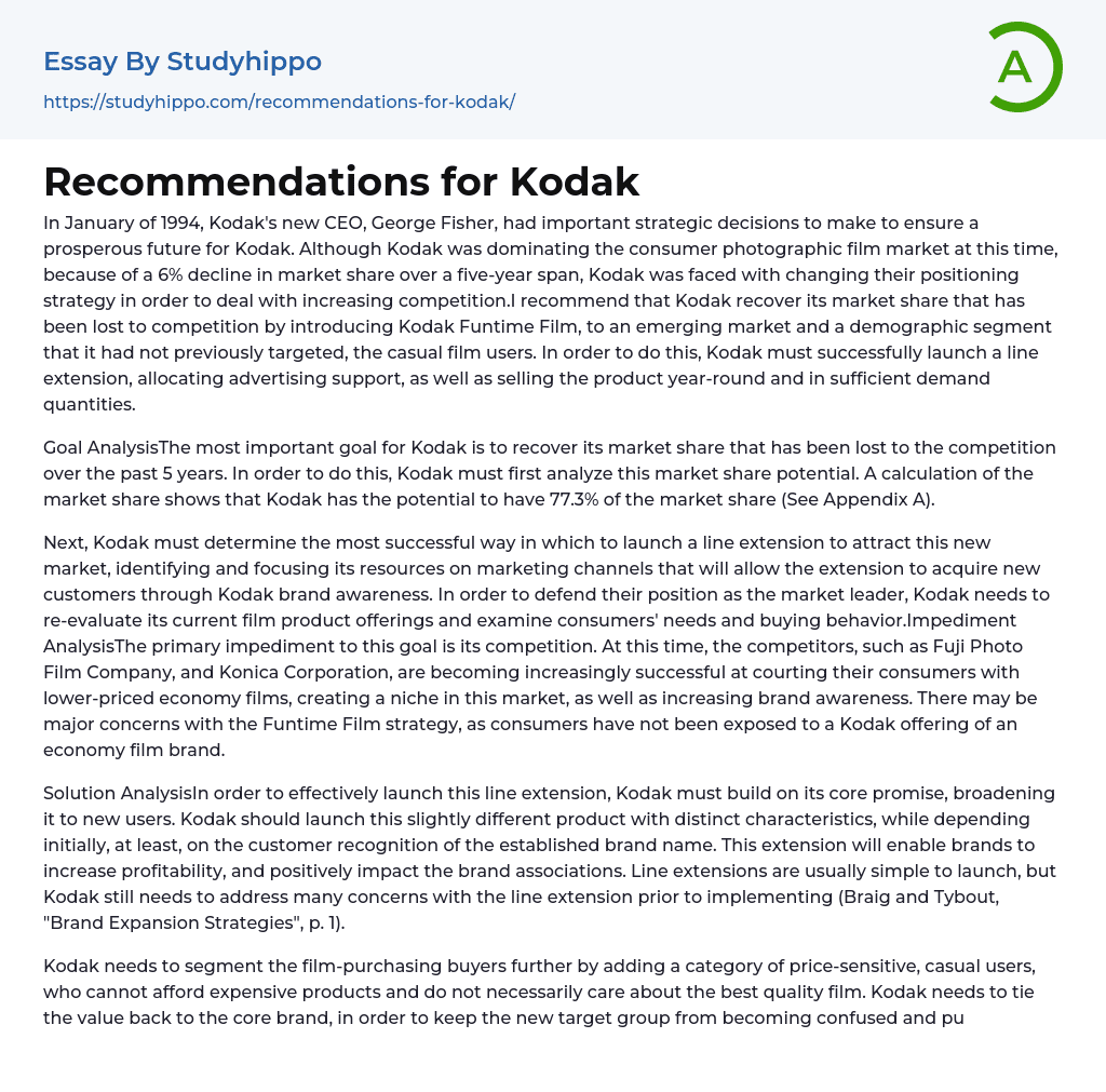 Recommendations for Kodak Essay Example