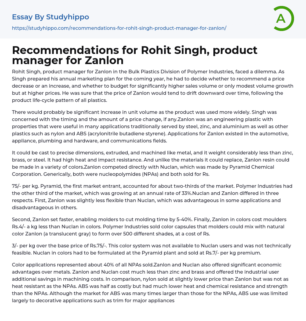 Recommendations for Rohit Singh, product manager for Zanlon Essay Example