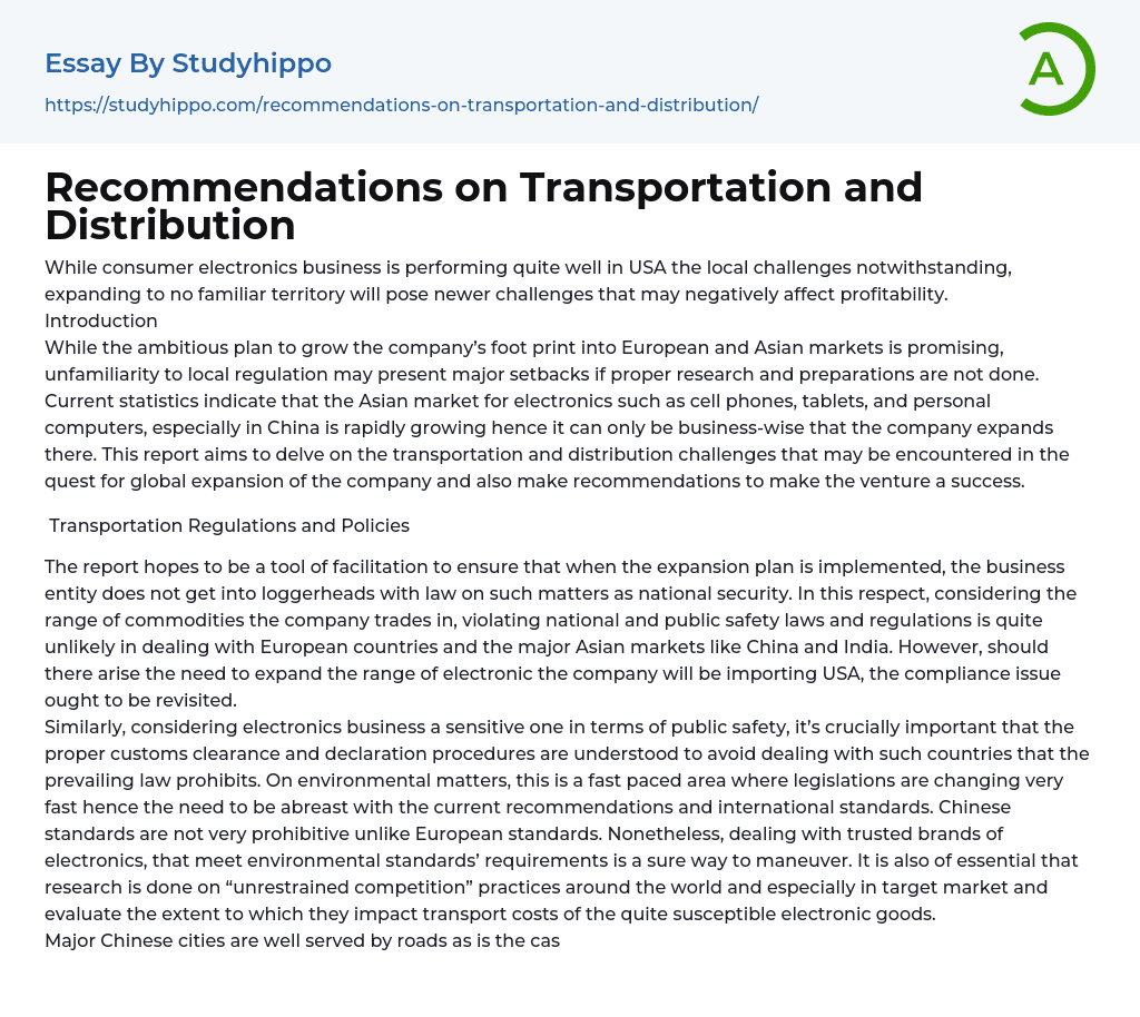 Recommendations on Transportation and Distribution Essay Example
