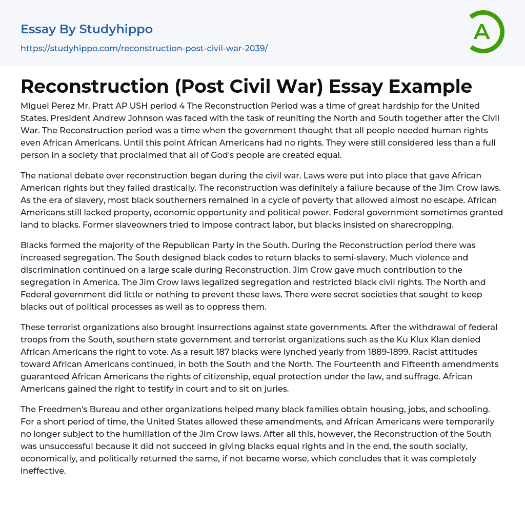 Reconstruction (Post Civil War) Essay Example