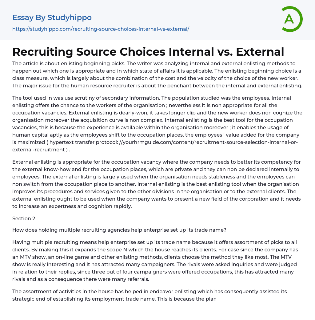 Recruiting Source Choices Internal vs. External Essay Example