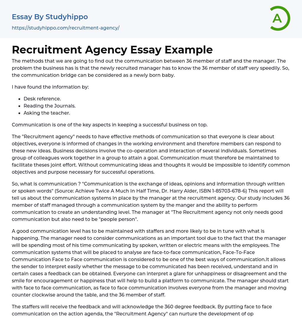 Recruitment Agency Essay Example