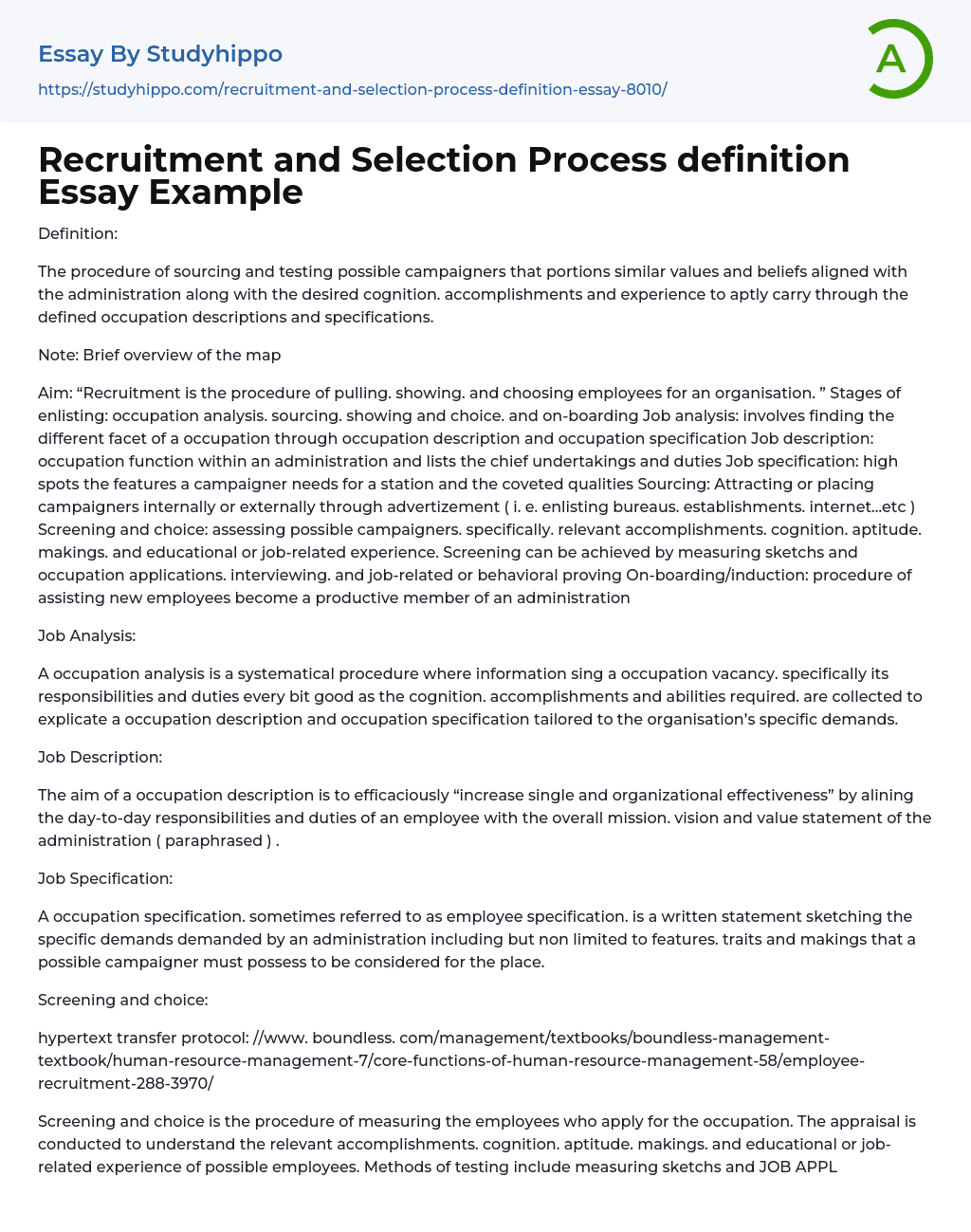 Recruitment and Selection Process definition Essay Example