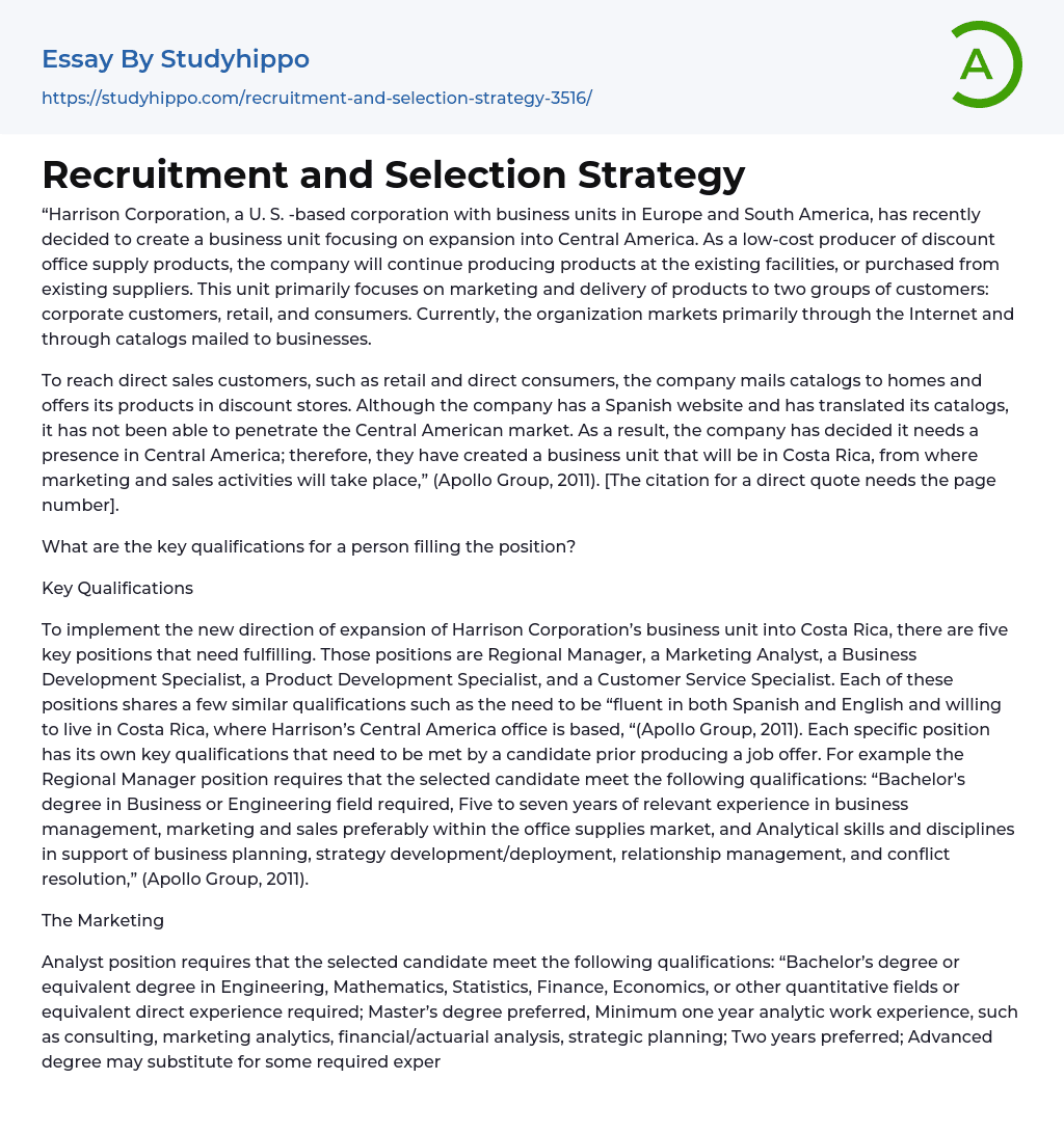 Recruitment and Selection Strategy Essay Example