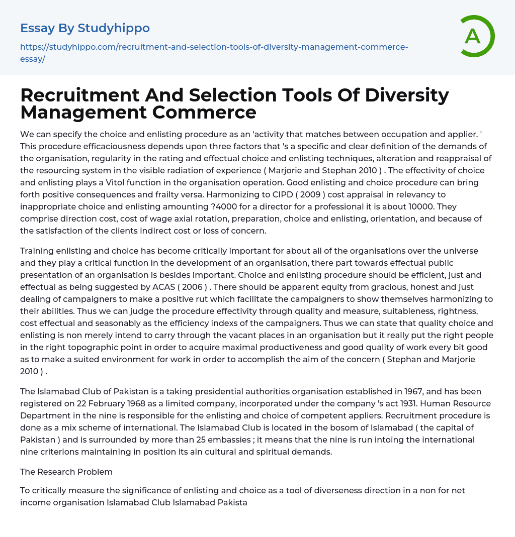 Recruitment And Selection Tools Of Diversity Management Commerce Essay Example
