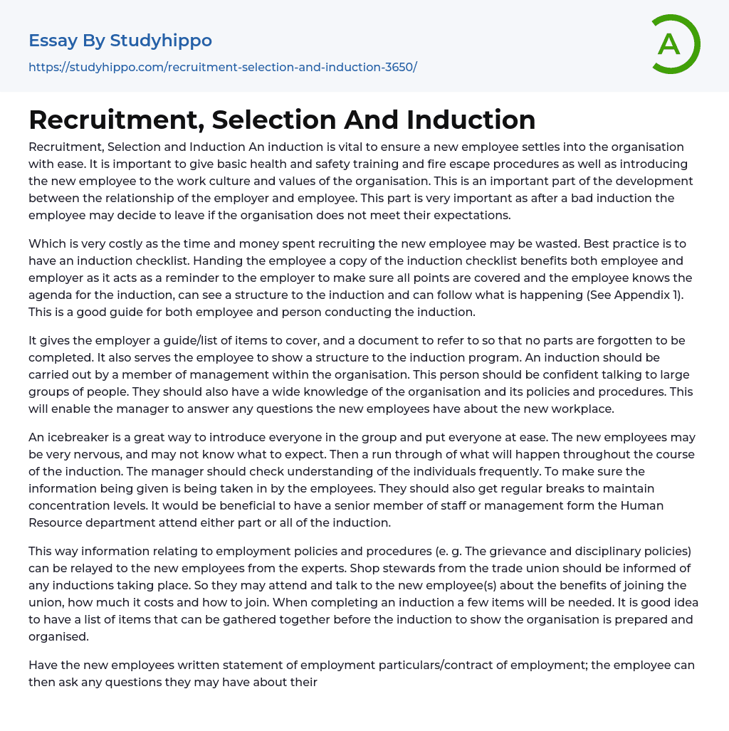 Recruitment, Selection And Induction Essay Example