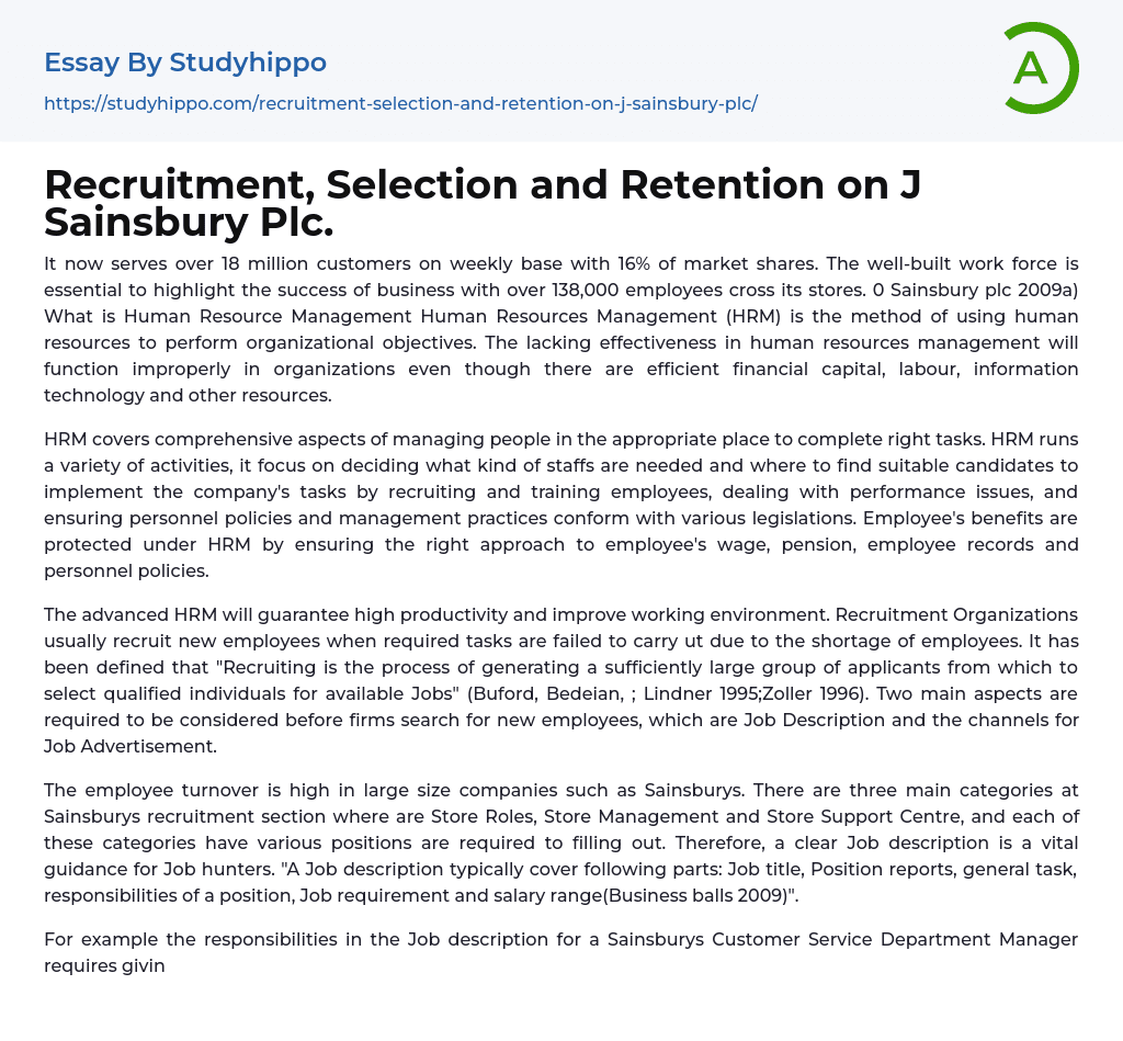 Recruitment, Selection and Retention on J Sainsbury Plc. Essay Example