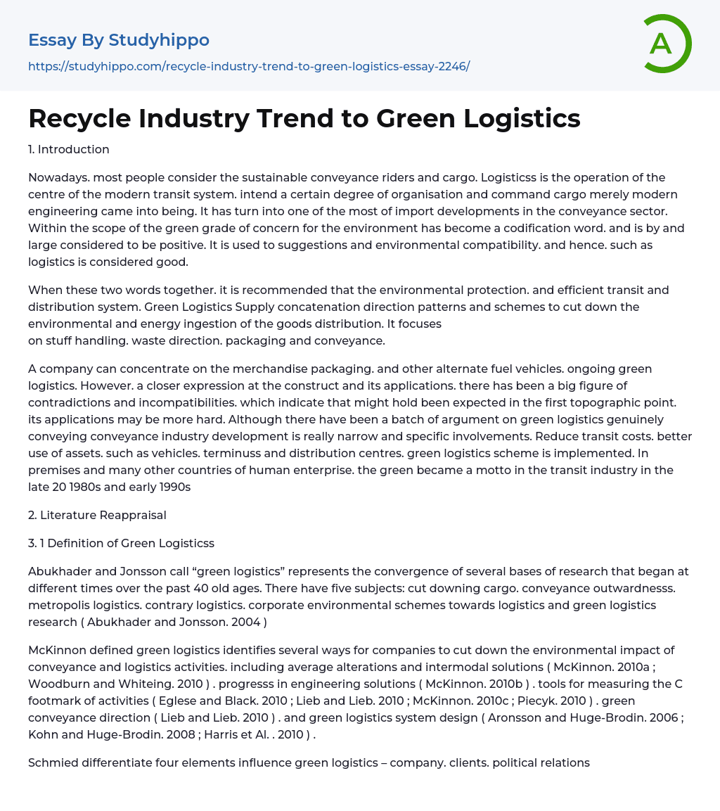 Recycle Industry Trend to Green Logistics Essay Example