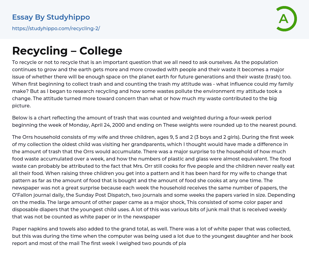 Recycling – College Essay Example