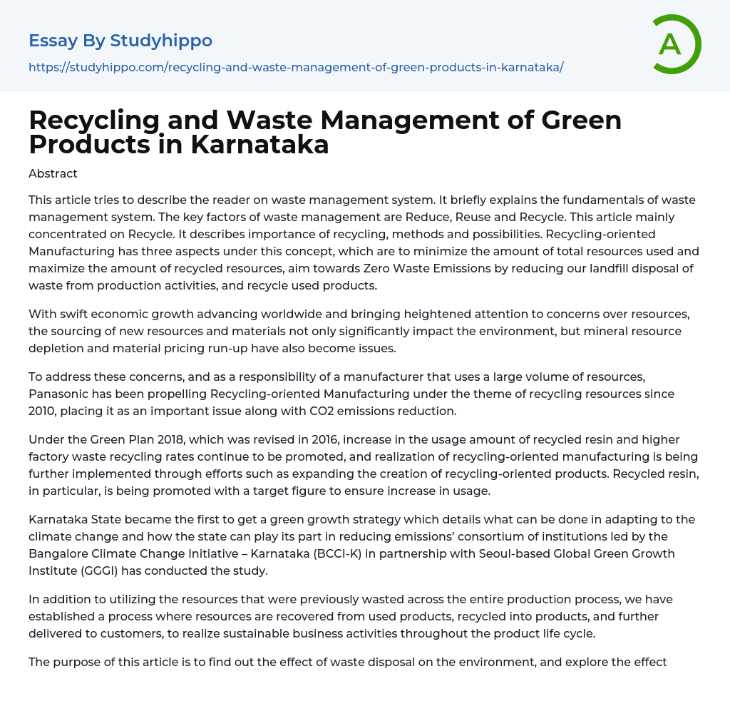 Recycling and Waste Management of Green Products in Karnataka Essay Example