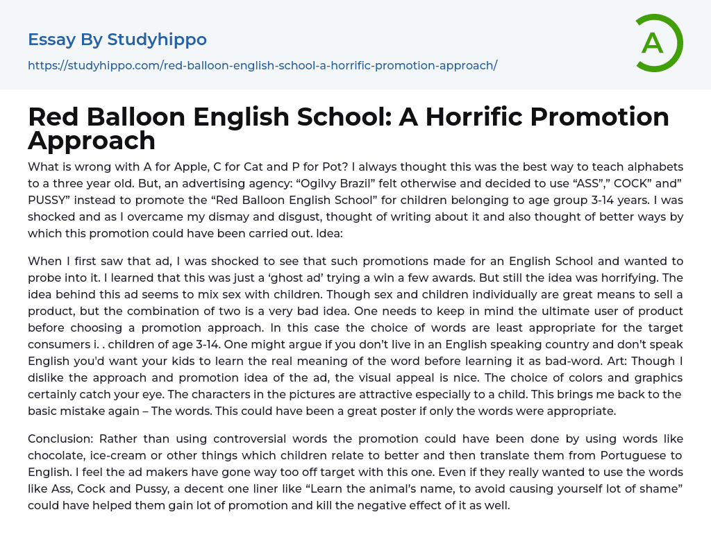 Red Balloon English School: A Horrific Promotion Approach Essay Example