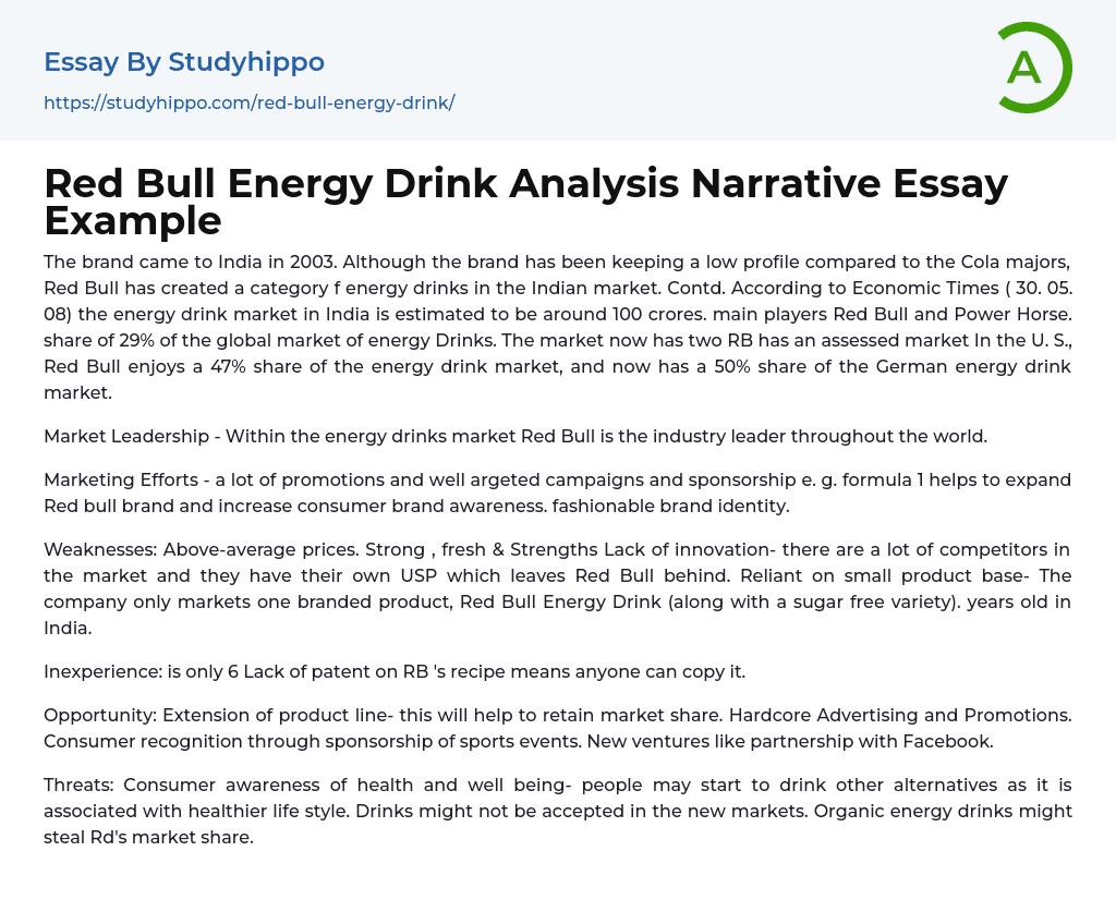 Red Bull Energy Drink Analysis Narrative Essay Example