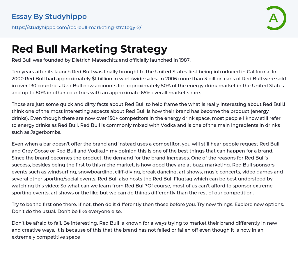Red Bull Marketing Strategy Essay Example