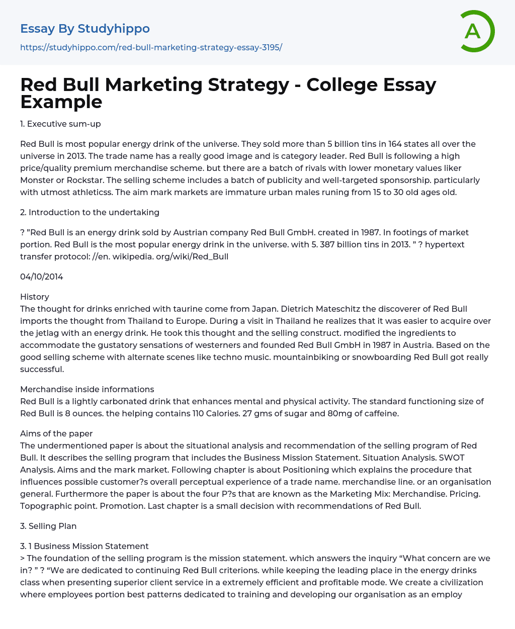 Red Bull Marketing Strategy – College Essay Example