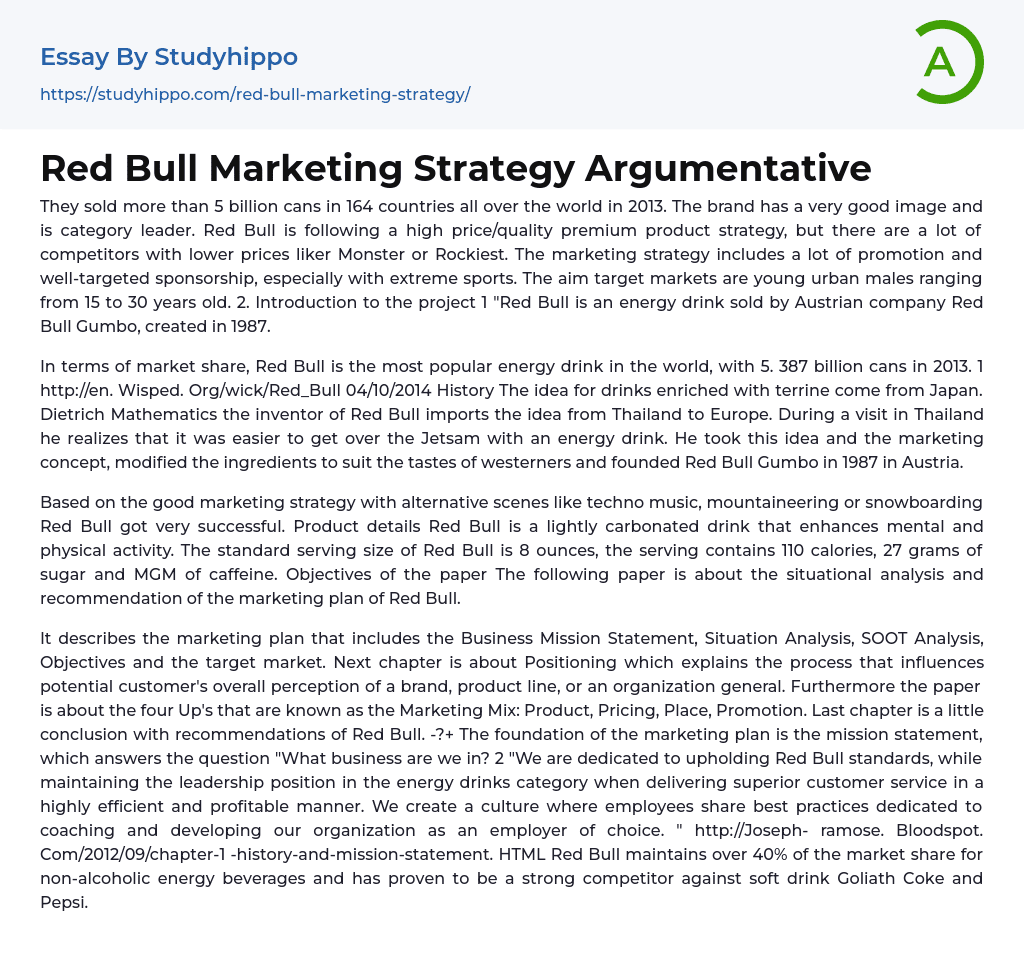Red Bull Marketing Strategy Argumentative Essay Example