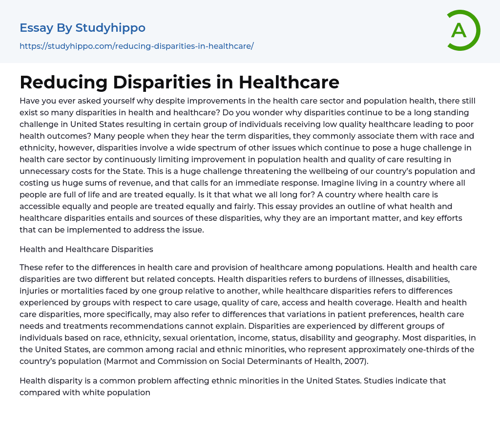 Reducing Disparities in Healthcare Essay Example
