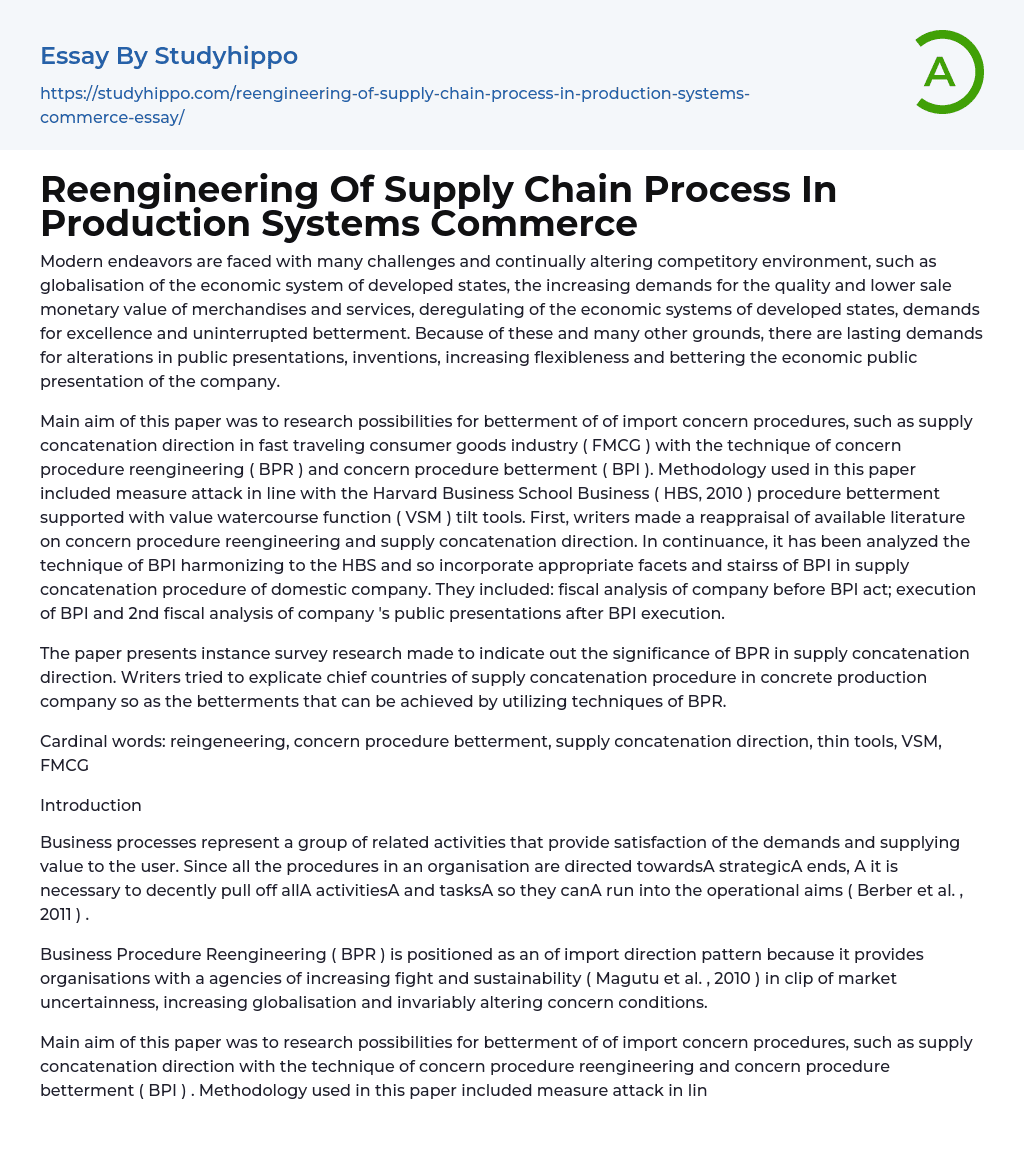 Reengineering Of Supply Chain Process In Production Systems Commerce Essay Example