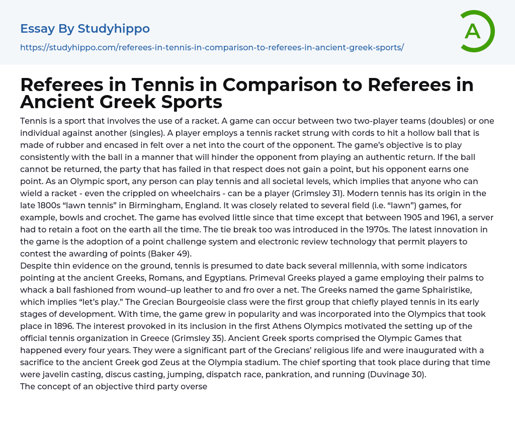 Referees in Tennis in Comparison to Referees in Ancient Greek Sports Essay Example