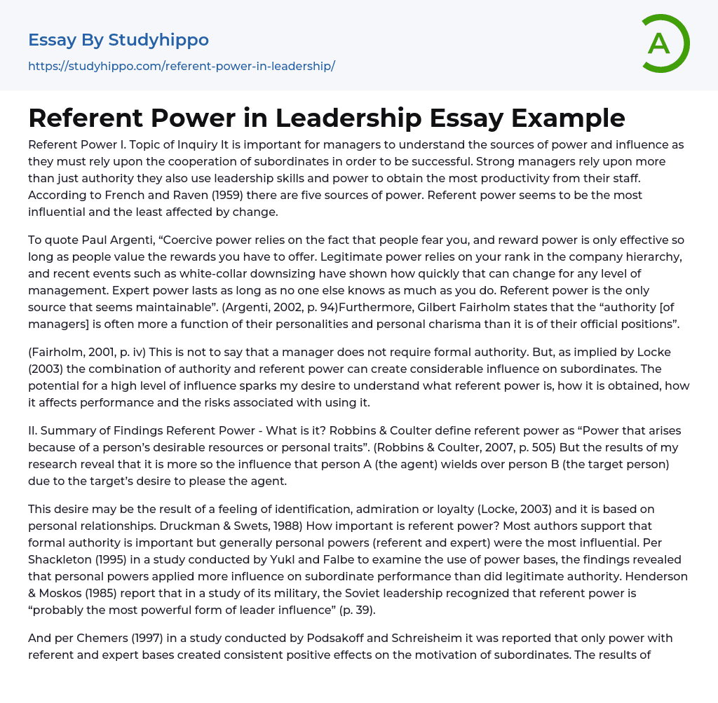 Referent Power in Leadership Essay Example