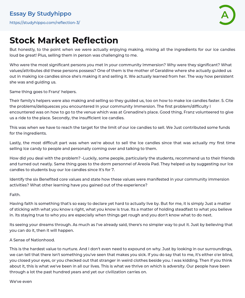 Stock Market Reflection Essay Example