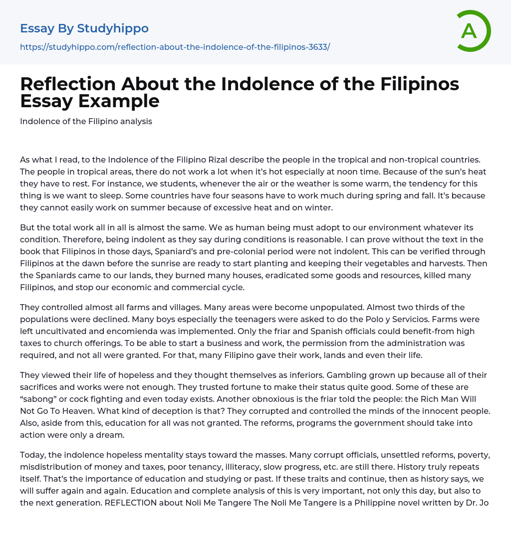 Reflection About the Indolence of the Filipinos Essay Example