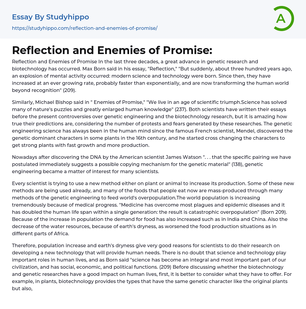 Reflection and Enemies of Promise: Essay Example