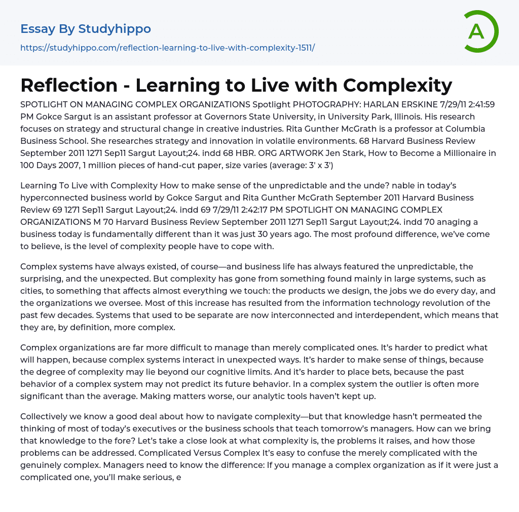 Reflection – Learning to Live with Complexity Essay Example