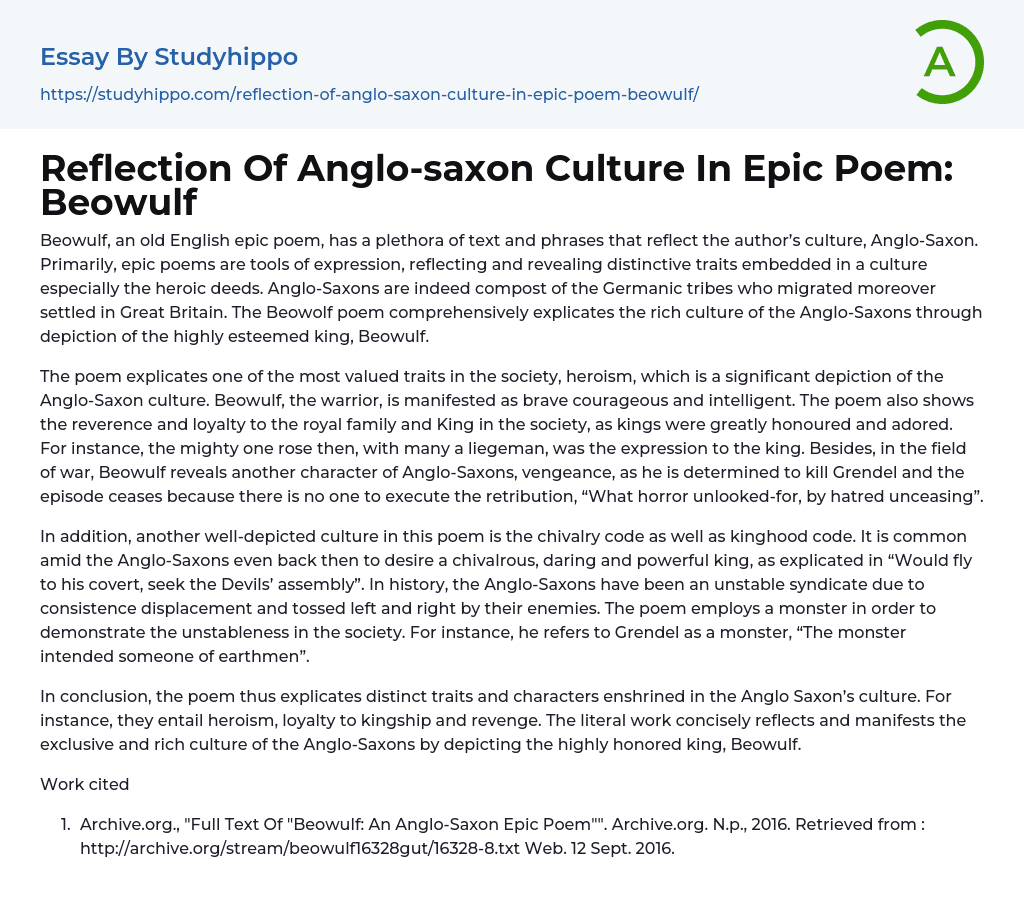Reflection Of Anglo-saxon Culture In Epic Poem: Beowulf Essay Example