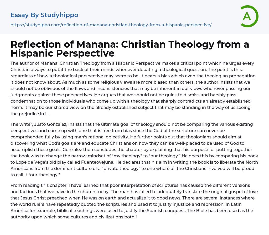 Reflection of Manana: Christian Theology from a Hispanic Perspective Essay Example