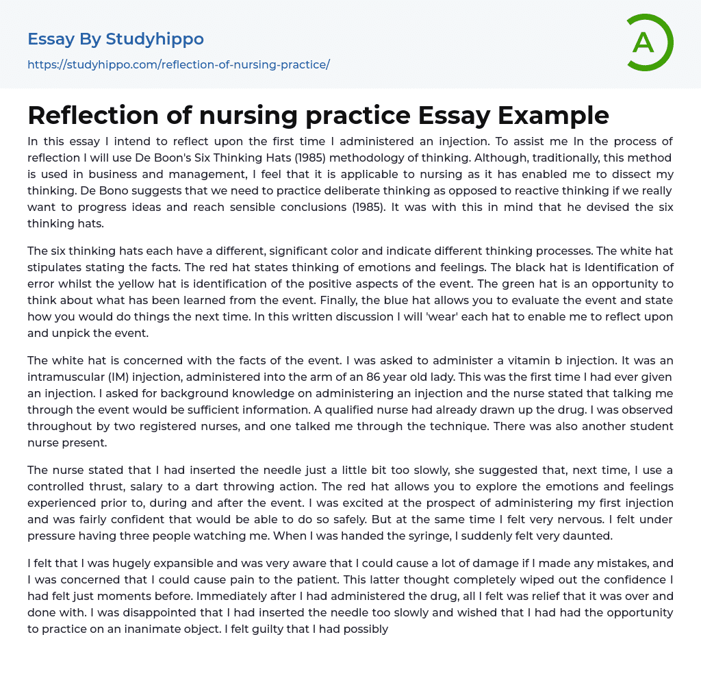 Reflection of nursing practice Essay Example