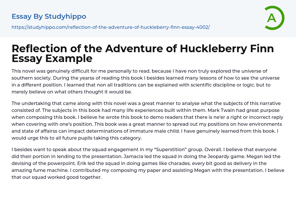 Reflection of the Adventure of Huckleberry Finn Essay Example