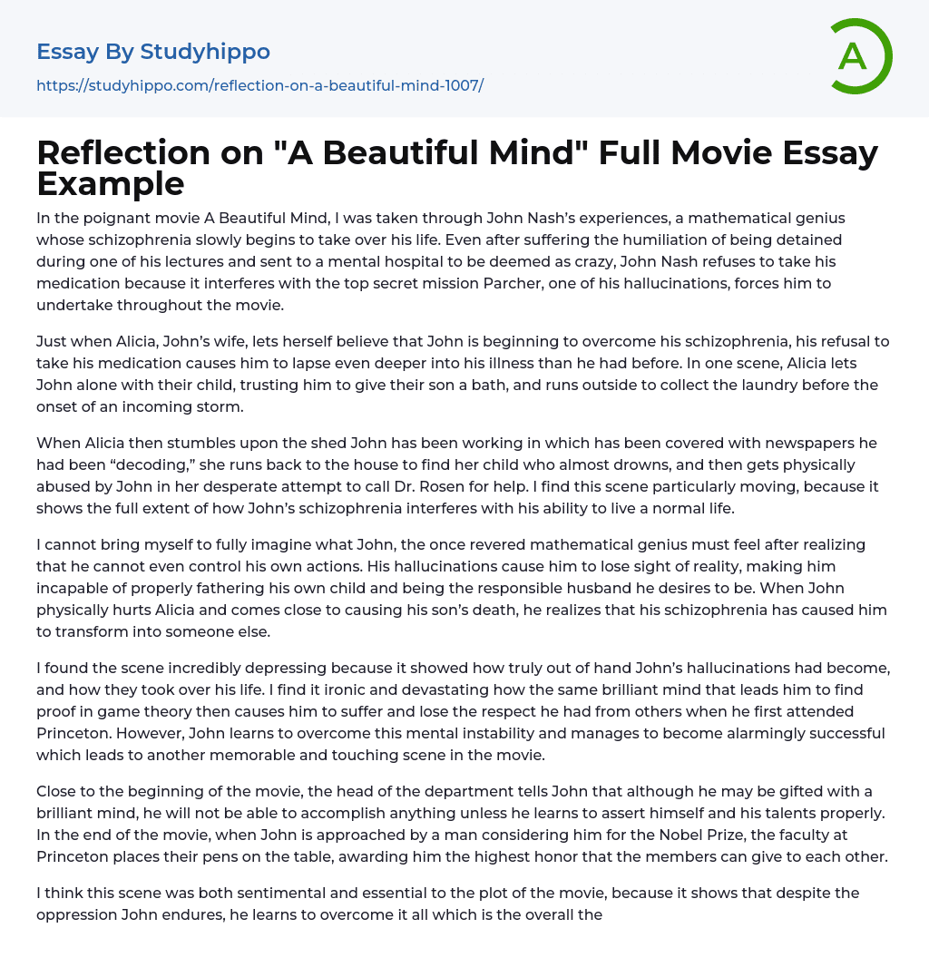 Reflection on “A Beautiful Mind” Full Movie Essay Example