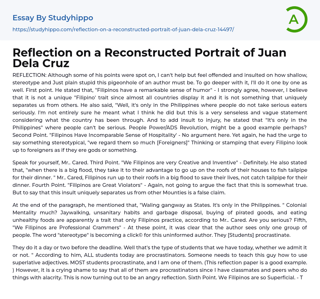 Reflection on a Reconstructed Portrait of Juan Dela Cruz Essay Example