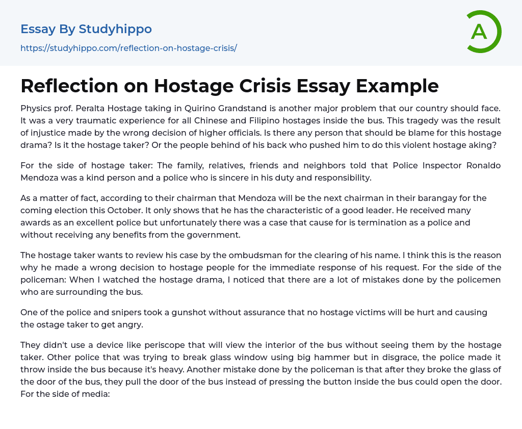 Reflection on Hostage Crisis Essay Example